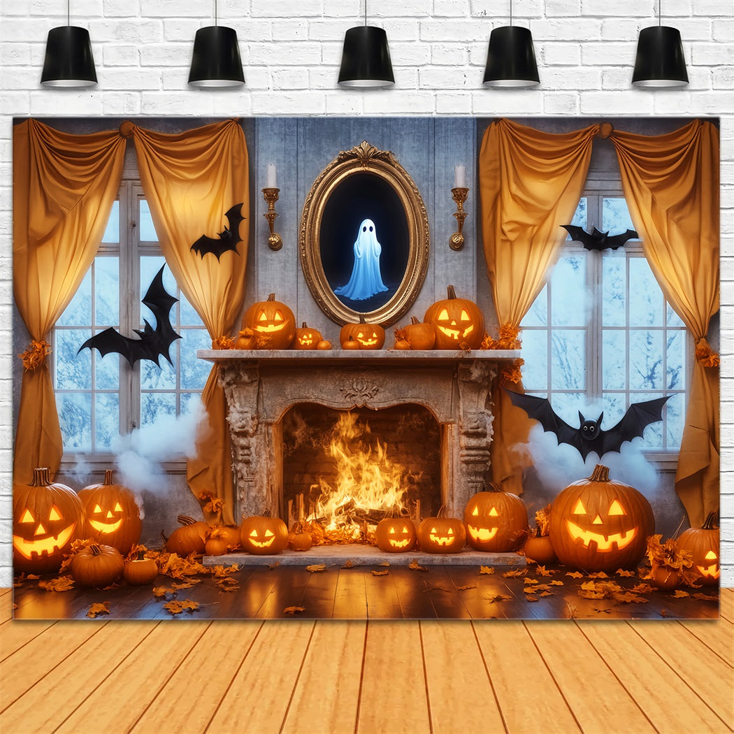 Ghost Backdrop Mirror Fireplace Pumpkins Ghost Halloween Picture Backdrop LXX59-85