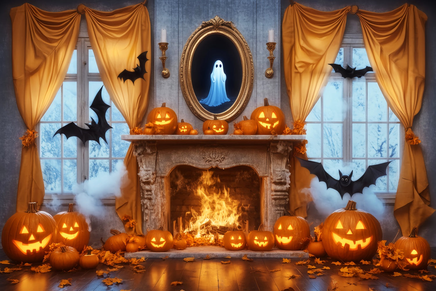 Ghost Backdrop Mirror Fireplace Pumpkins Ghost Halloween Picture Backdrop LXX59-85