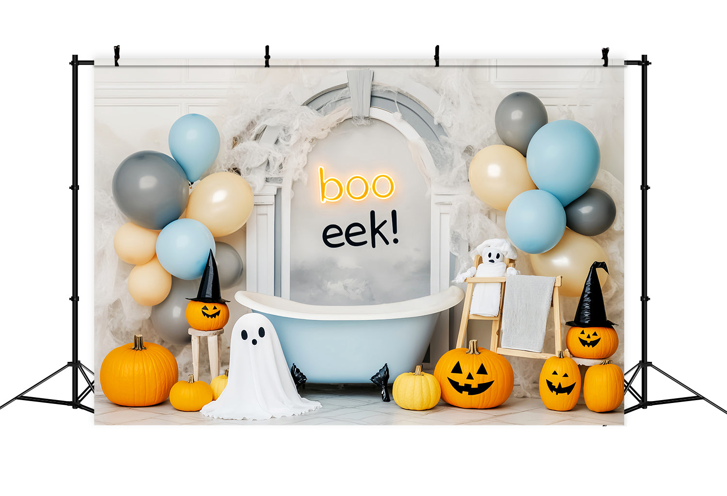 Ghost Backdrop Pumpkins Ghost Balloons Bathtub Cute Halloween Backdrop LXX59-86