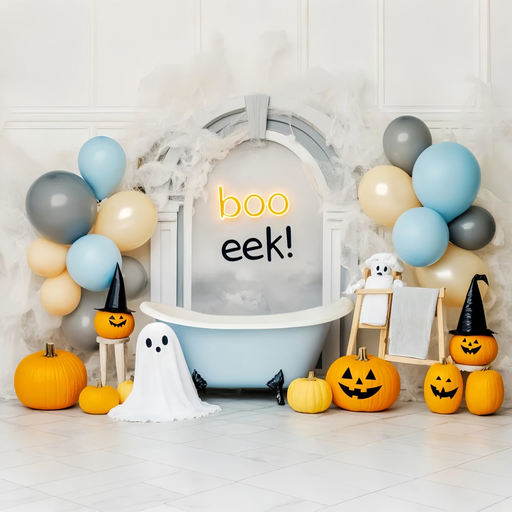 Ghost Backdrop Pumpkins Ghost Balloons Bathtub Cute Halloween Backdrop LXX59-86