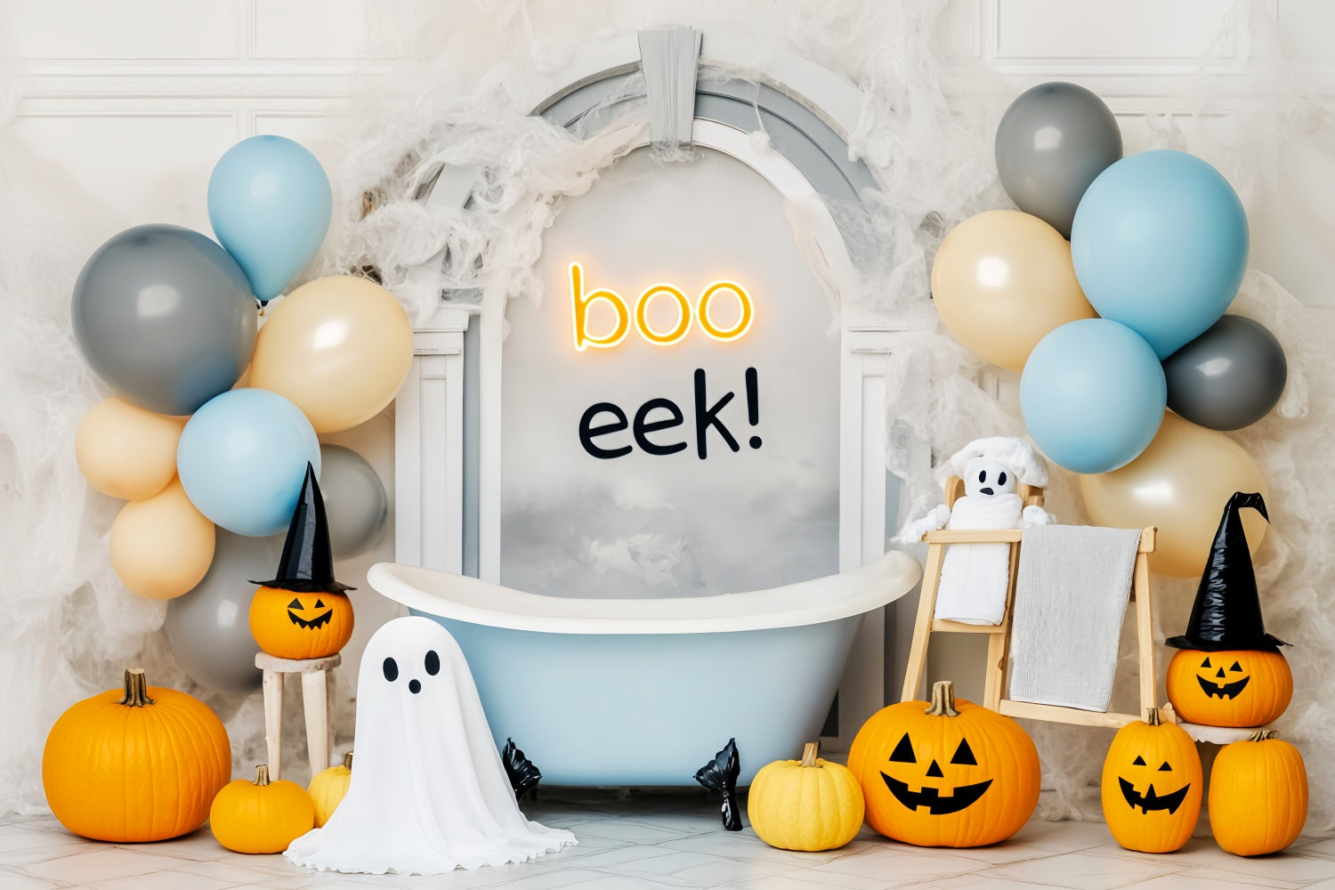 Ghost Backdrop Pumpkins Ghost Balloons Bathtub Cute Halloween Backdrop LXX59-86