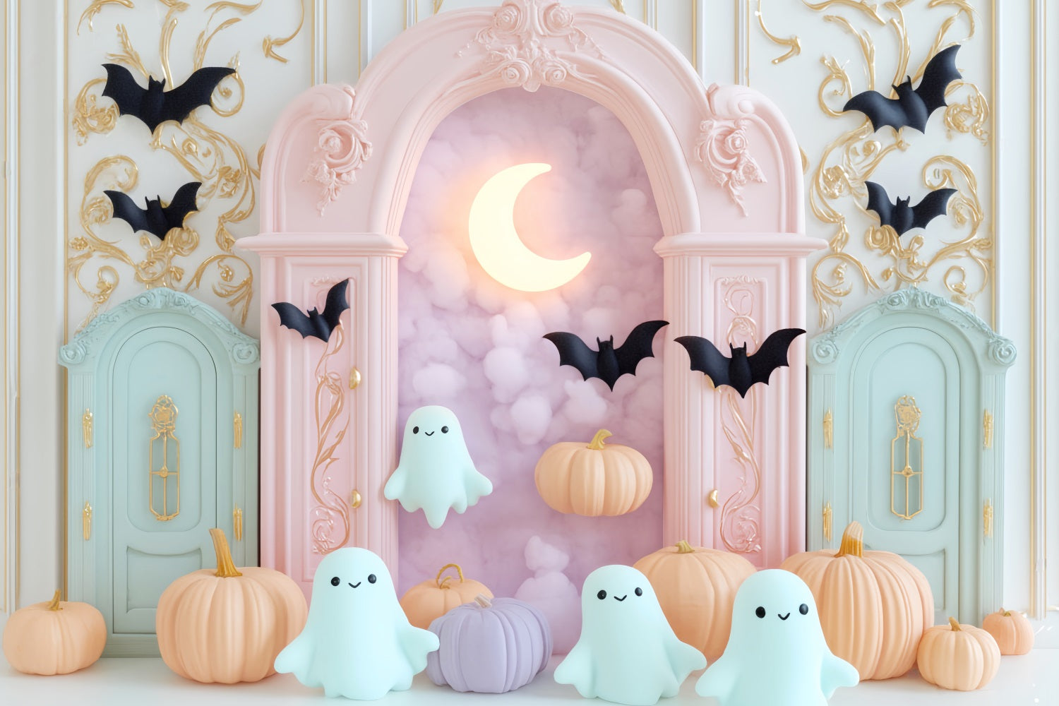 Halloween Ghost Backdrop Pastel Ghost Bat Moon Cute Halloween Backdrop LXX59-89