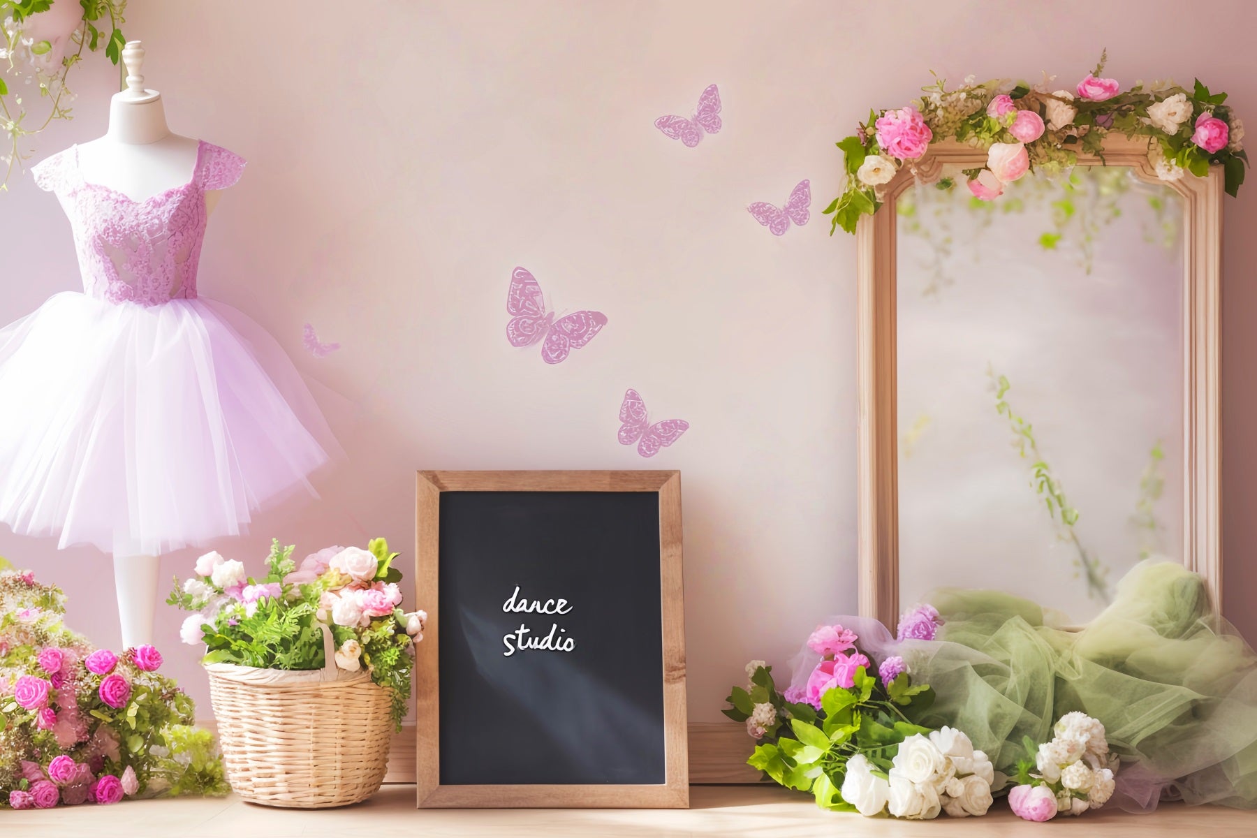 Dance Studio Backdrop Lilac Tutu Mirror Butterflies School Dance Backdrop LXX59-9