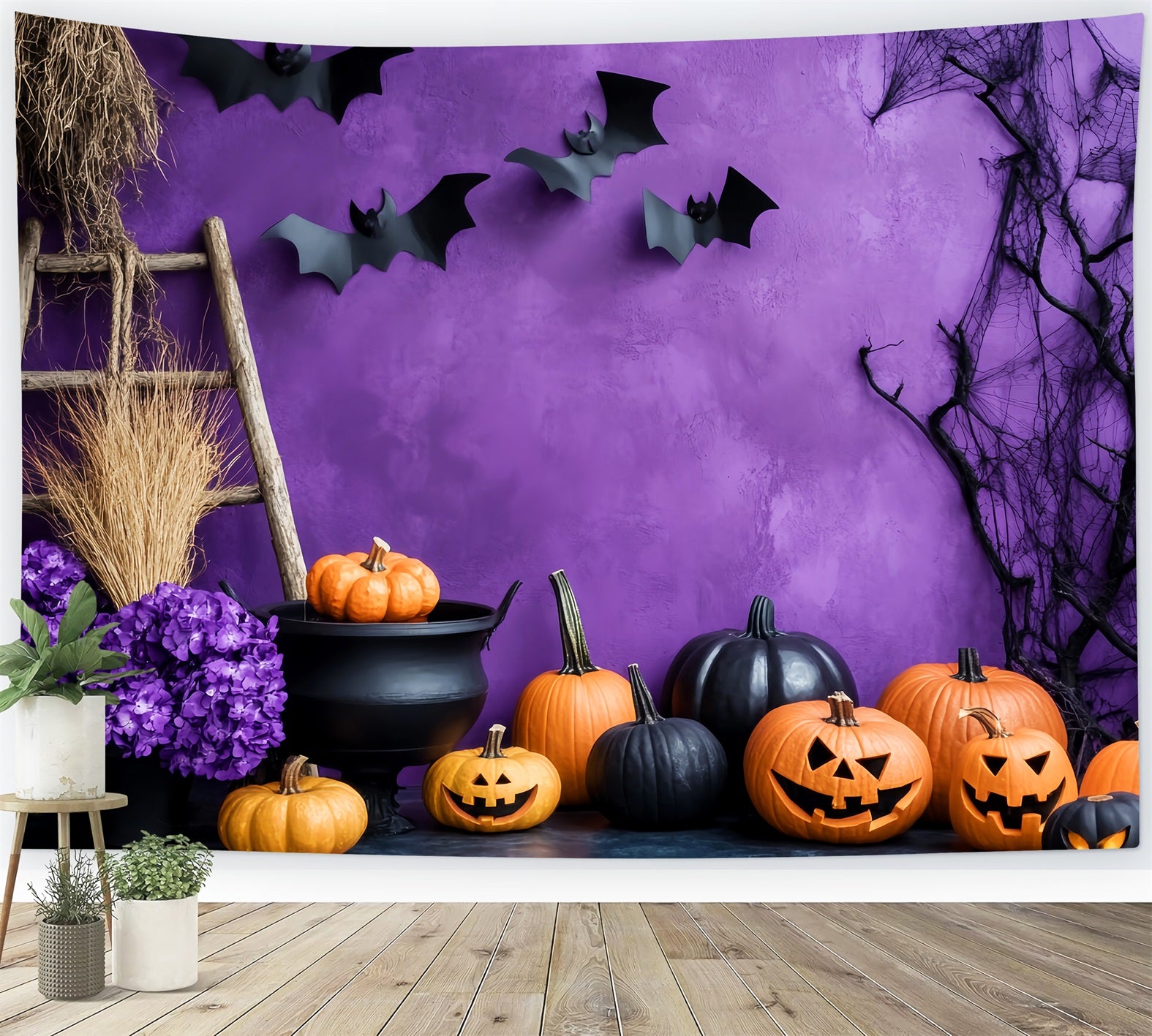 Color Backdrop Purple Wall Pumpkin Cauldron Halloween Photography Backdrops LXX59-91