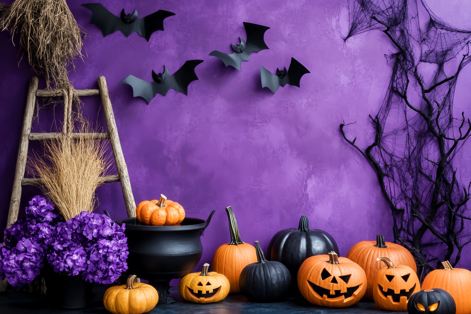 Color Backdrop Purple Wall Pumpkin Cauldron Halloween Photography Backdrops LXX59-91