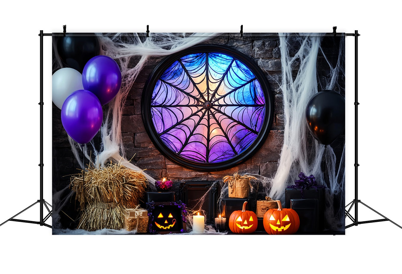 Bat Backdrop Spiderweb Stained Glass Window Halloween Photo Booth Backdrop LXX59-92