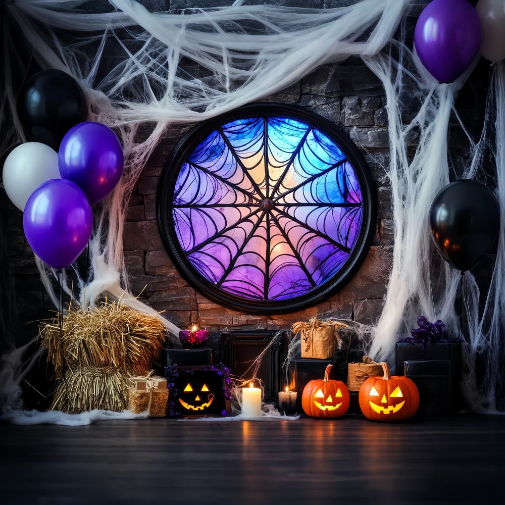 Bat Backdrop Spiderweb Stained Glass Window Halloween Photo Booth Backdrop LXX59-92