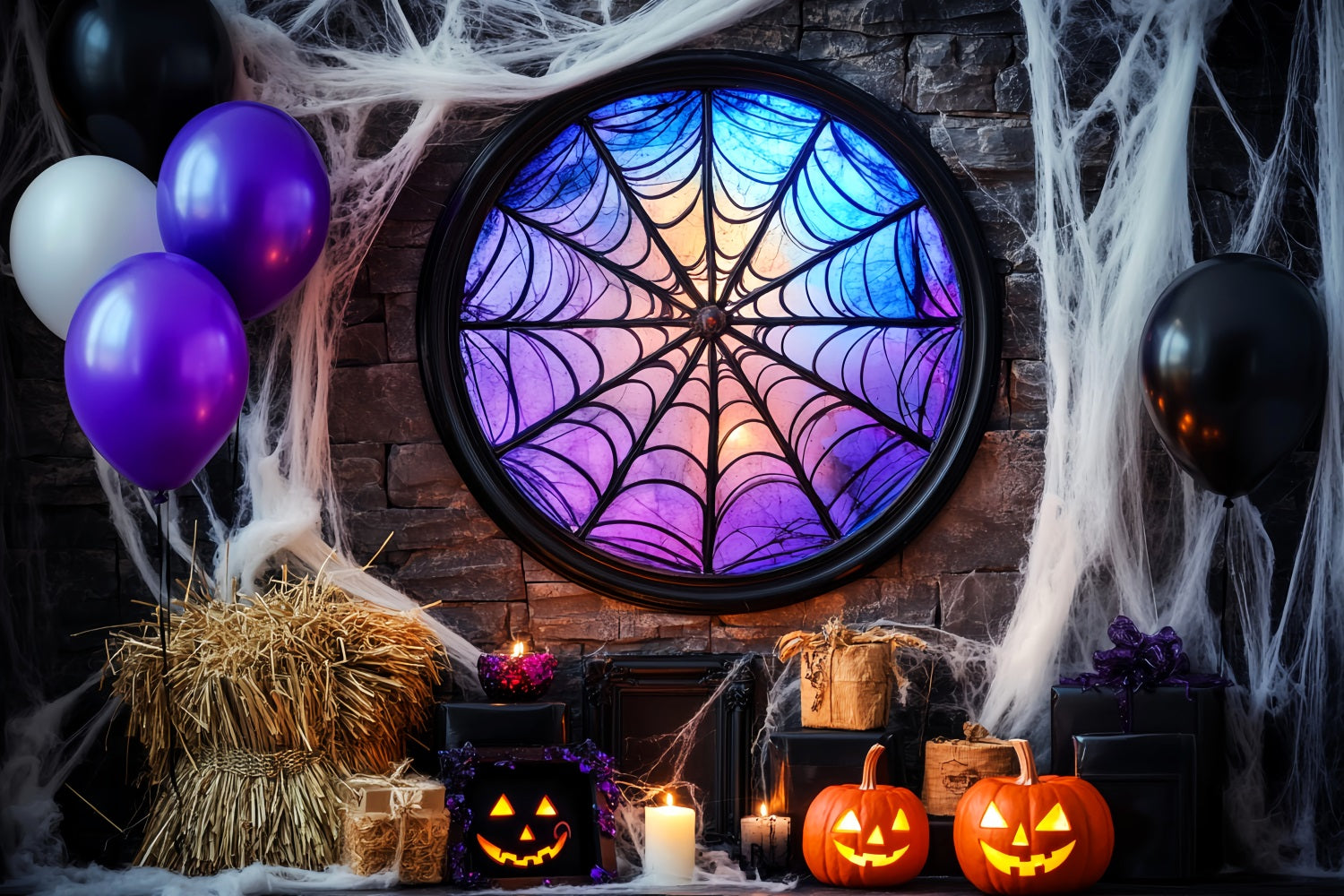 Bat Backdrop Spiderweb Stained Glass Window Halloween Photo Booth Backdrop LXX59-92