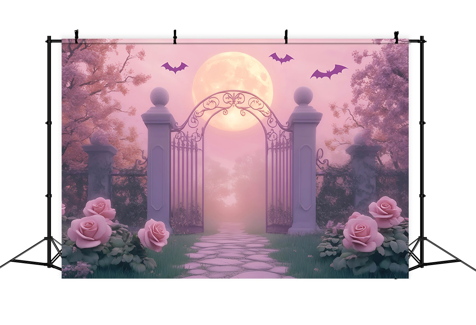 Spider Backdrop Moonlit Garden Gate Roses Halloween Photography Backdrop LXX59-93