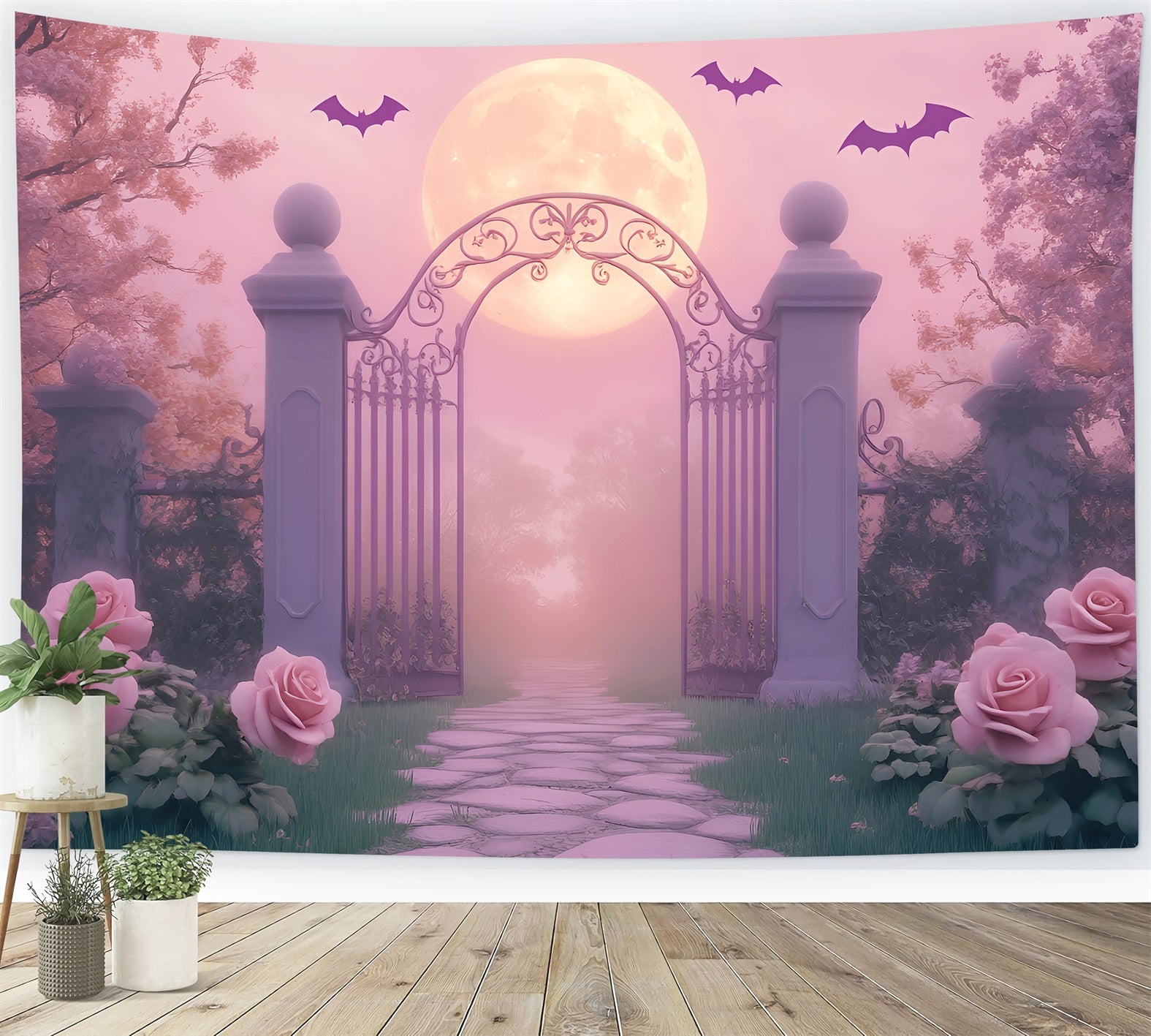 Spider Backdrop Moonlit Garden Gate Roses Halloween Photography Backdrop LXX59-93