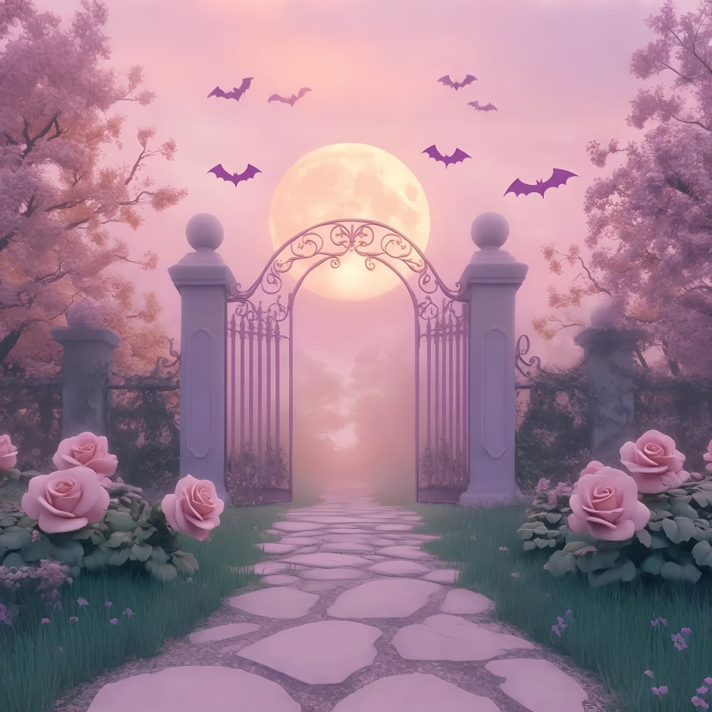 Spider Backdrop Moonlit Garden Gate Roses Halloween Photography Backdrop LXX59-93