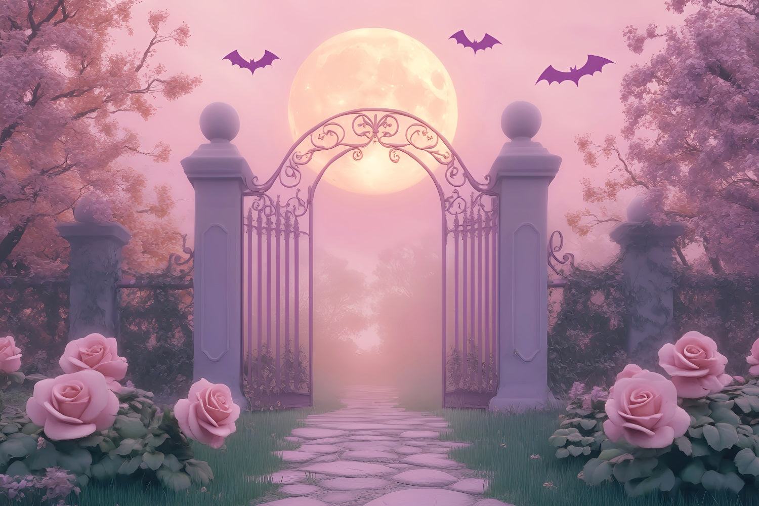 Spider Backdrop Moonlit Garden Gate Roses Halloween Photography Backdrop LXX59-93