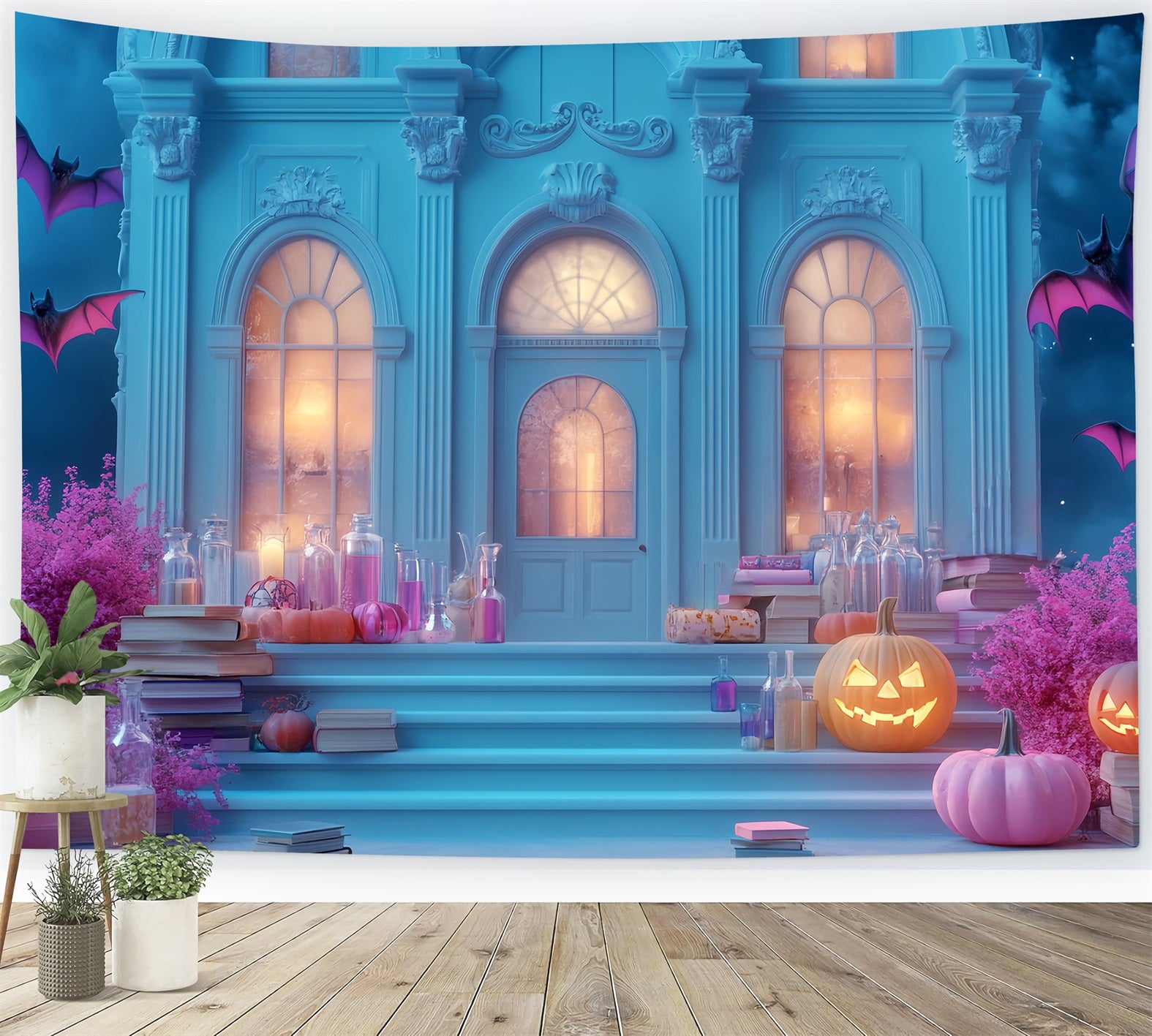 Halloween Bat Backdrop Haunted Mansion Pumpkin Steps Halloween Backdrop LXX59-94