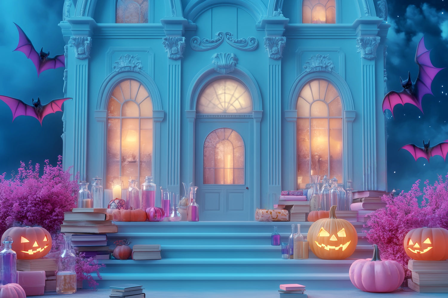 Halloween Bat Backdrop Haunted Mansion Pumpkin Steps Halloween Backdrop LXX59-94