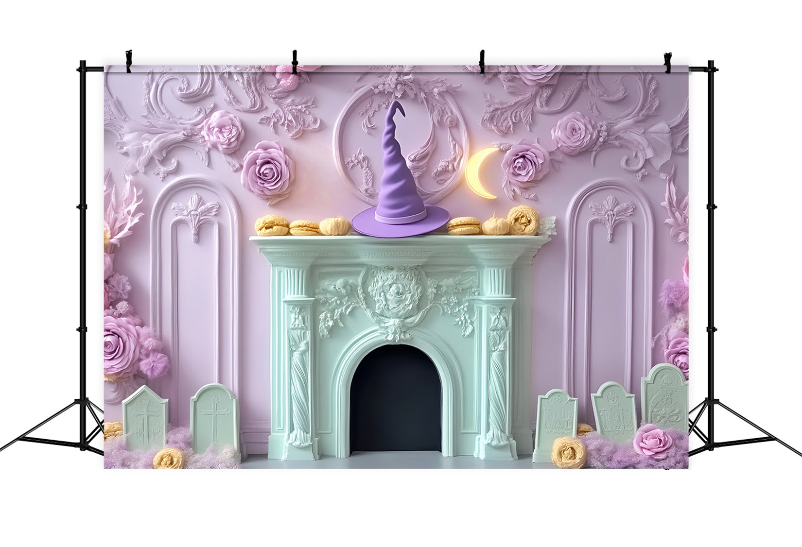 Halloween Bat Backdrop Pastel Witch Hat Fireplace Halloween Backdrops LXX59-95