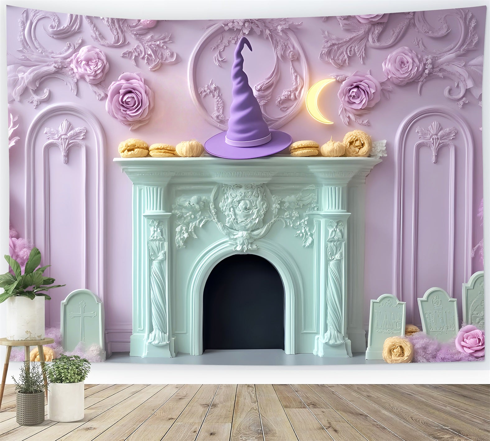 Halloween Bat Backdrop Pastel Witch Hat Fireplace Halloween Backdrops LXX59-95