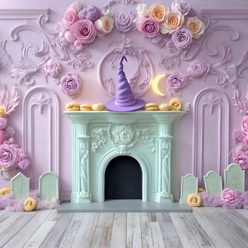 Halloween Bat Backdrop Pastel Witch Hat Fireplace Halloween Backdrops LXX59-95