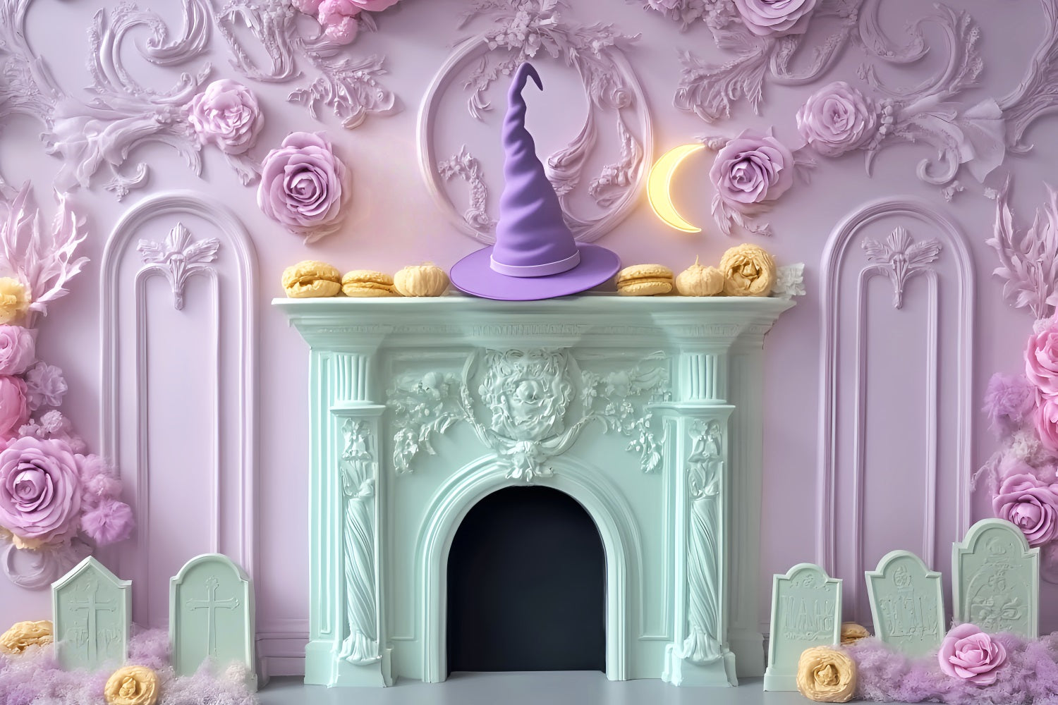 Halloween Bat Backdrop Pastel Witch Hat Fireplace Halloween Backdrops LXX59-95
