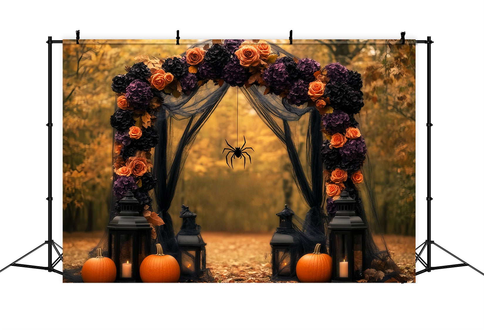 Spider Backdrop Autumn Floral Arch Pumpkins Lanterns Halloween Photo Backdrop LXX59-96
