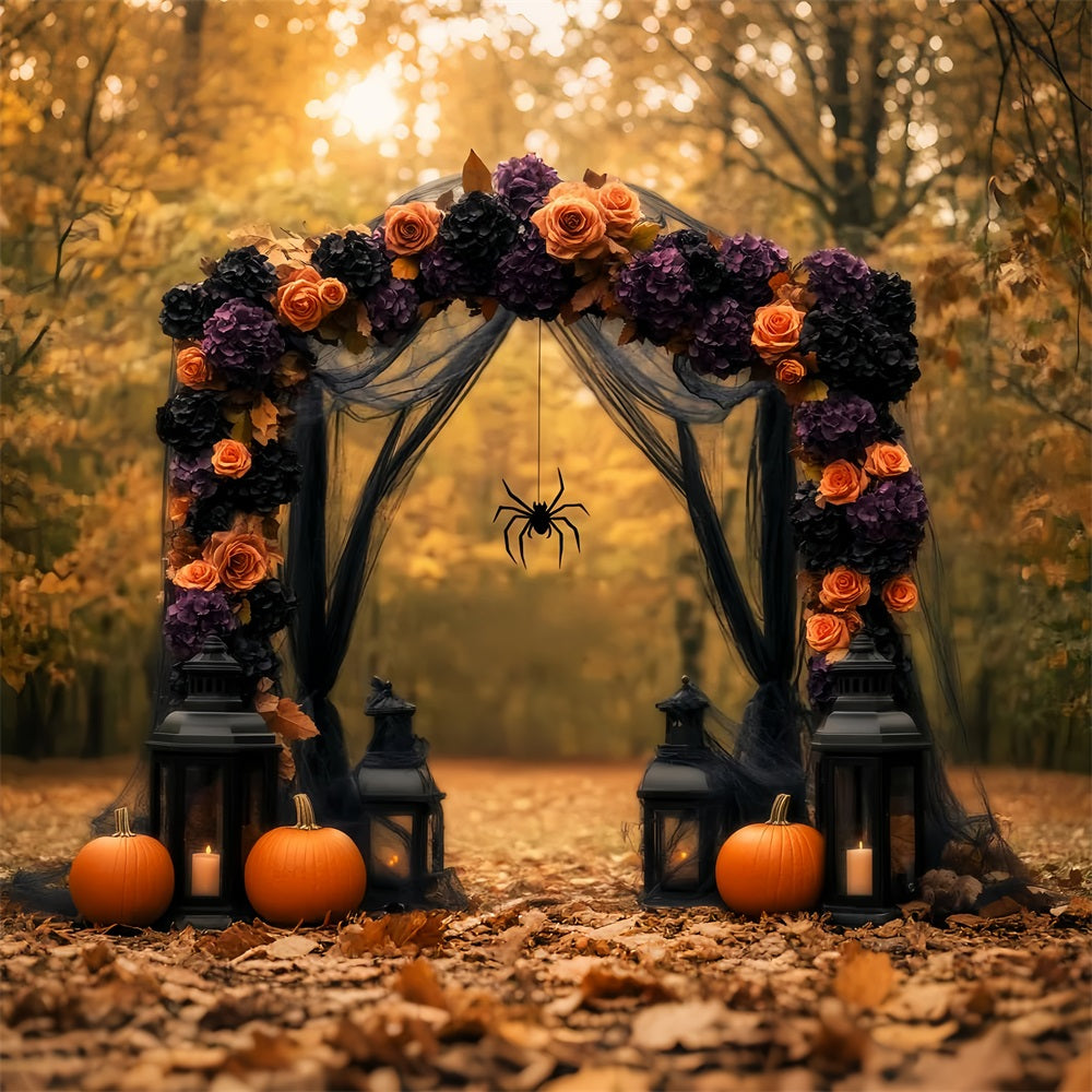 Spider Backdrop Autumn Floral Arch Pumpkins Lanterns Halloween Photo Backdrop LXX59-96