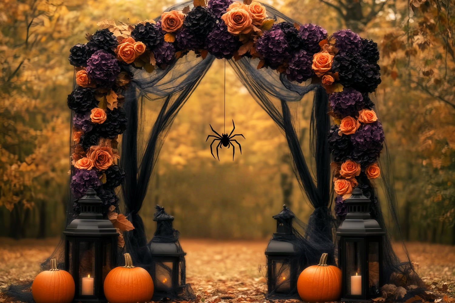Spider Backdrop Autumn Floral Arch Pumpkins Lanterns Halloween Photo Backdrop LXX59-96