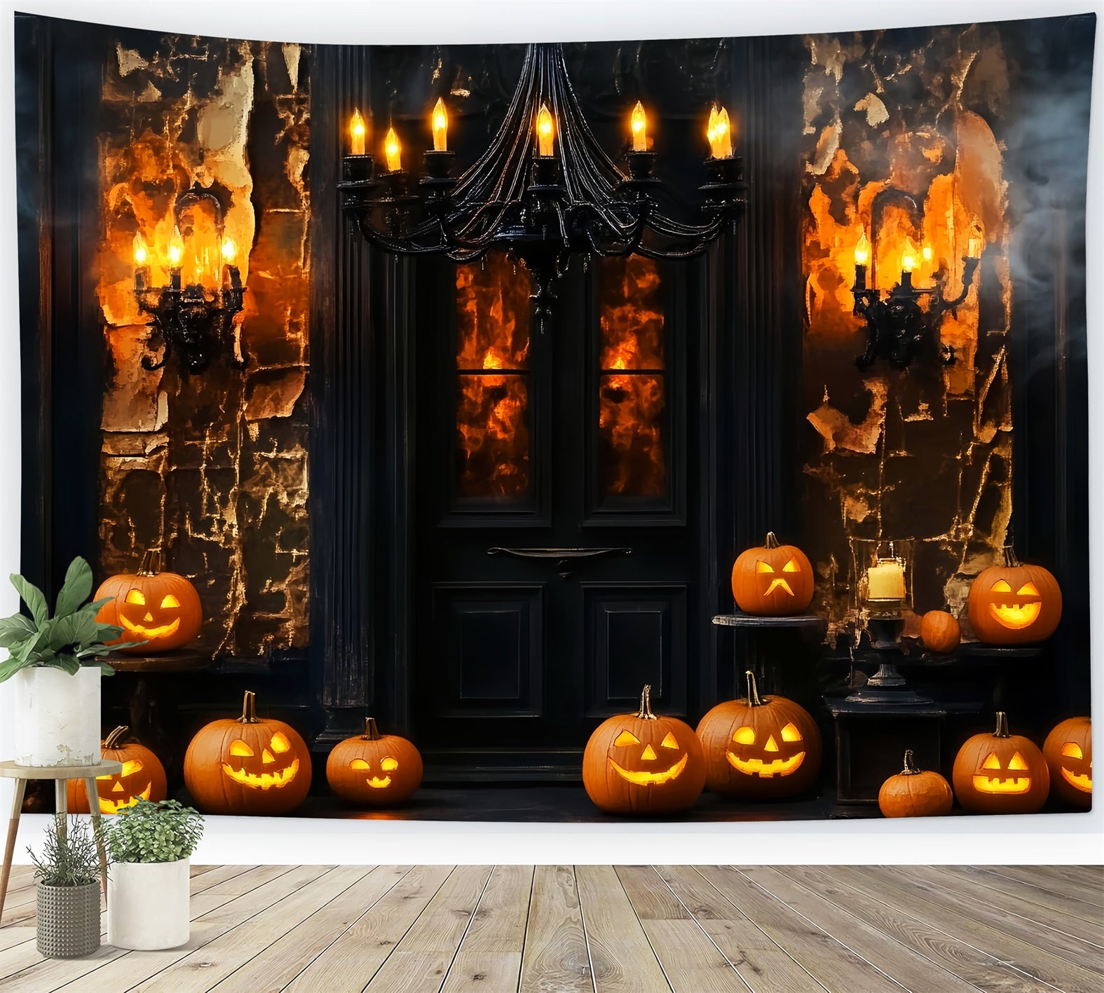 Spider Backdrop Haunted Mansion Door Pumpkin Lanterns Halloween Backdrop LXX59-97