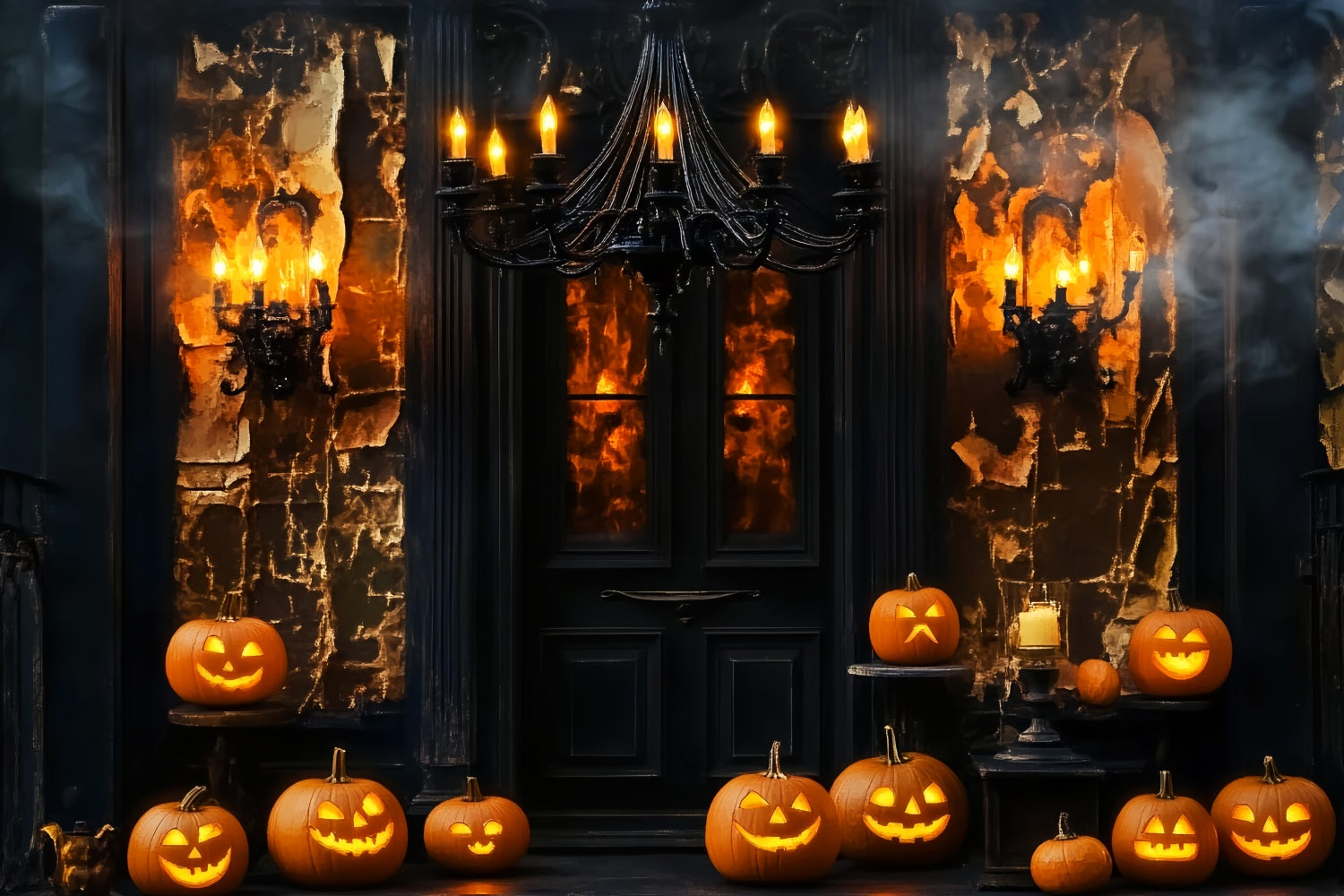 Spider Backdrop Haunted Mansion Door Pumpkin Lanterns Halloween Backdrop LXX59-97