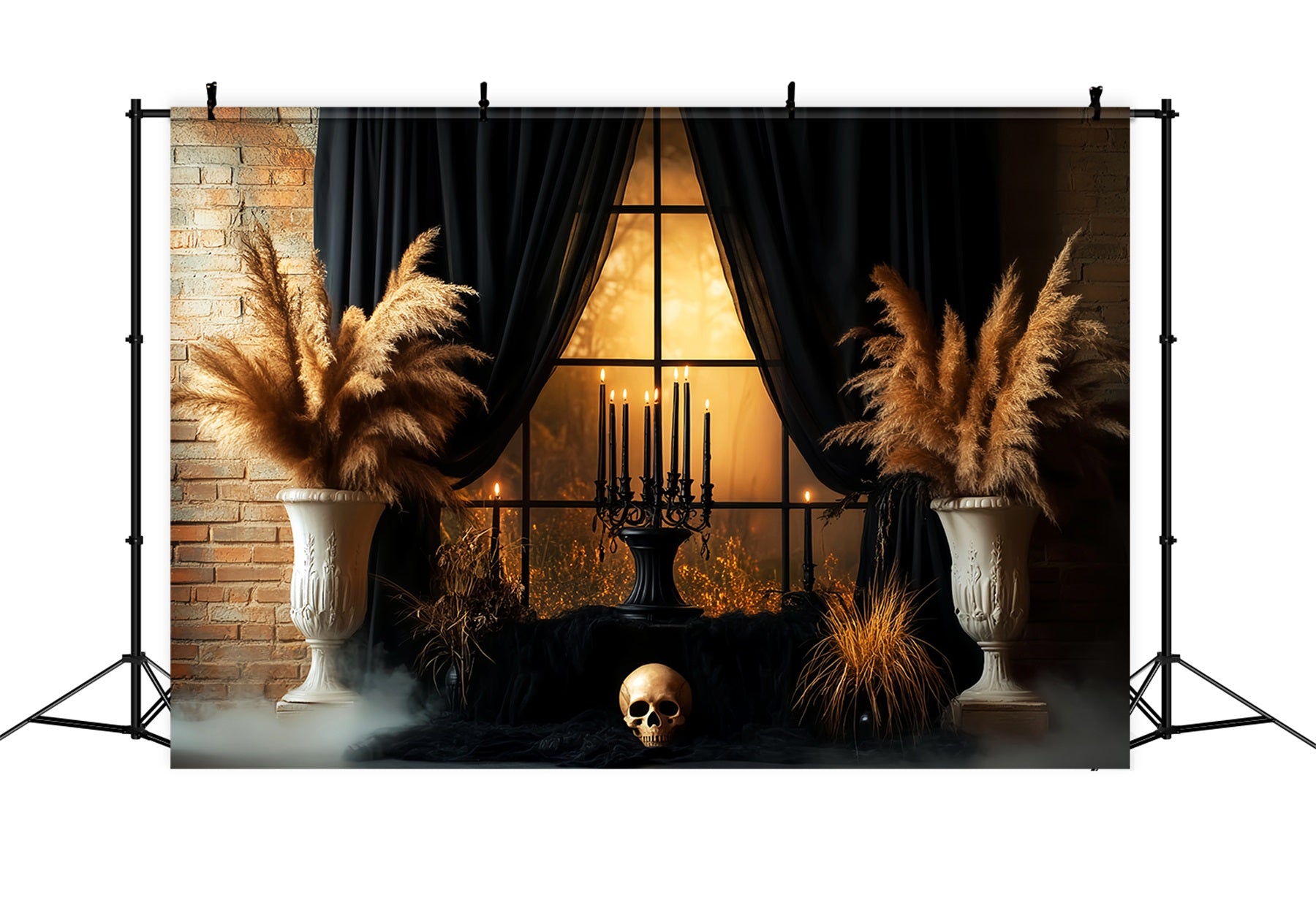 Creepy Backdrop Black Curtain Skull Candlelit Window Halloween Photo Backdrops LXX59-99