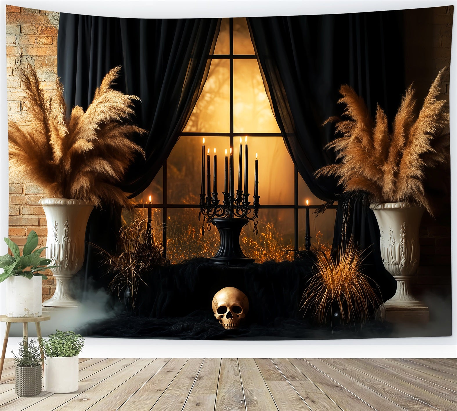 Creepy Backdrop Black Curtain Skull Candlelit Window Halloween Photo Backdrops LXX59-99