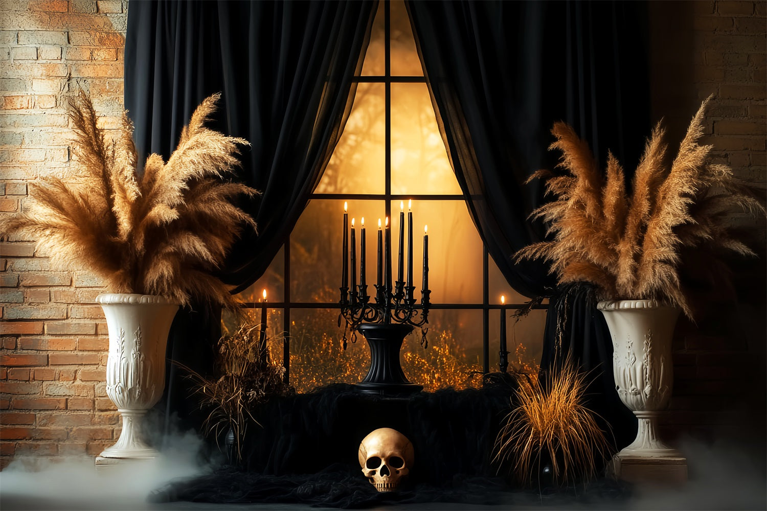 Creepy Backdrop Black Curtain Skull Candlelit Window Halloween Photo Backdrops LXX59-99