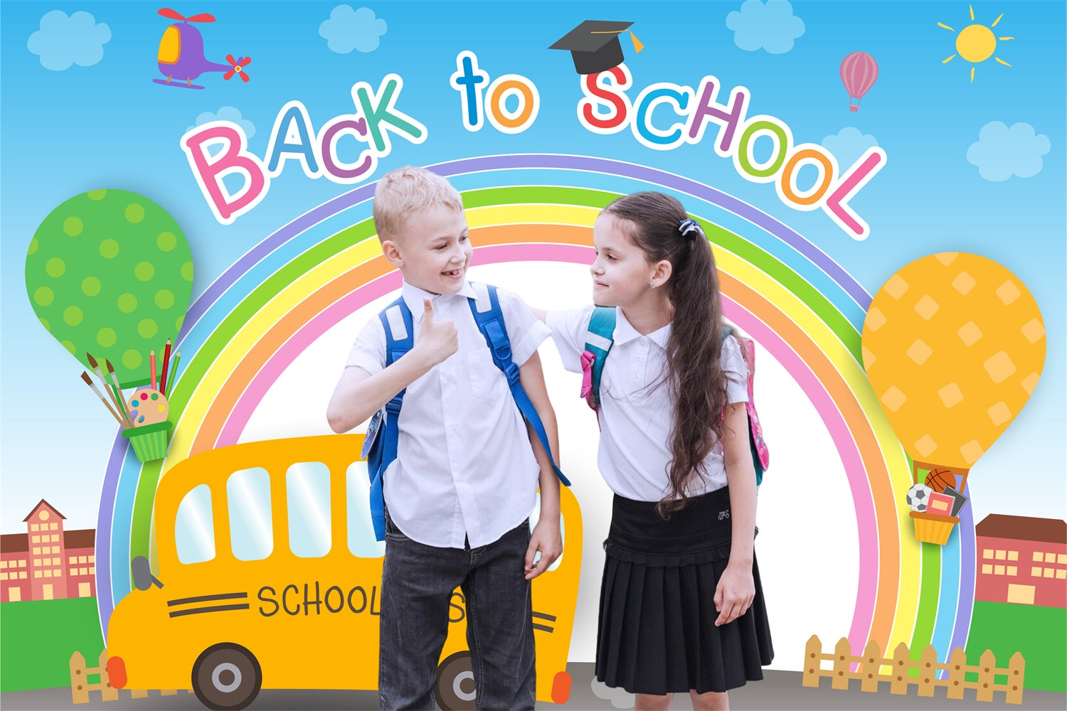 Back To School Backdrop Rainbow Happy Bus Personalized Backdrop LXX6-34