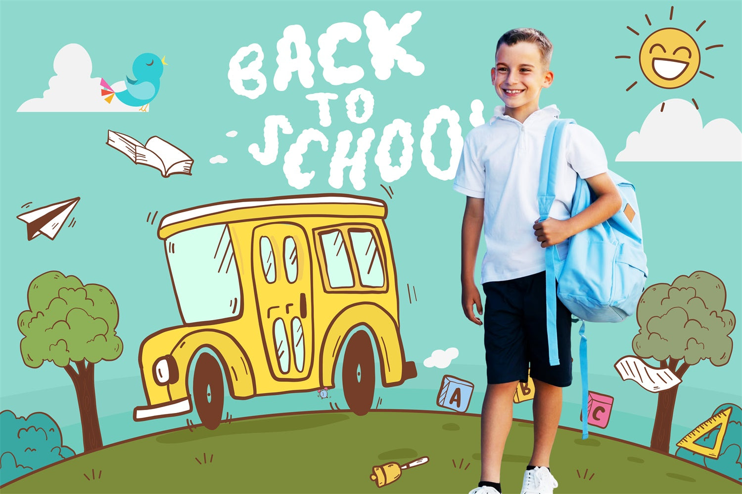 Back To School Backdrops Happy Bus Ride Personalized Backdrop LXX6-37