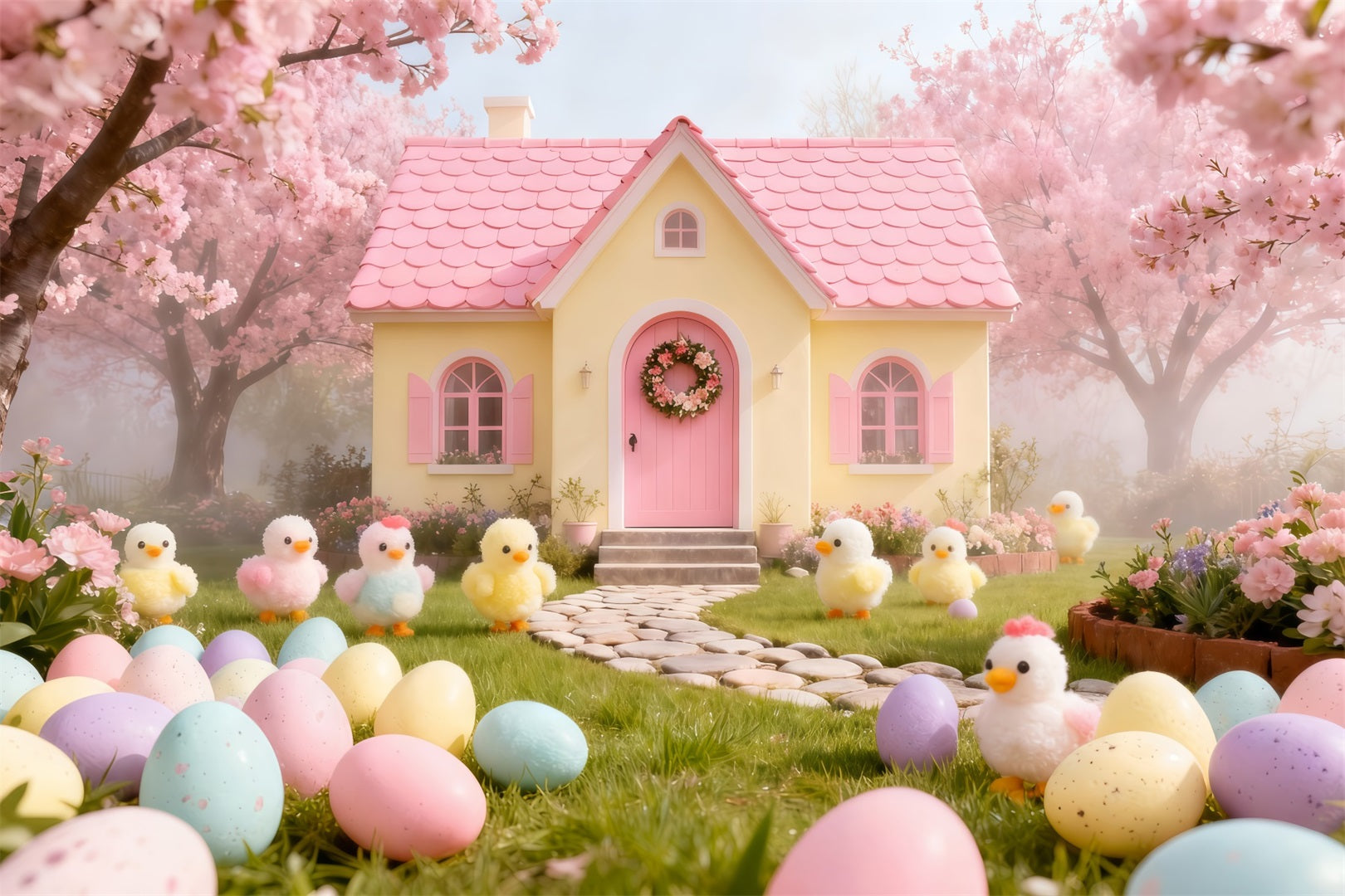 Marshmallow Chick Backdrop Cherry Blossom Cottage Garden Easter Photo Backdrop Ideas LXX61-104
