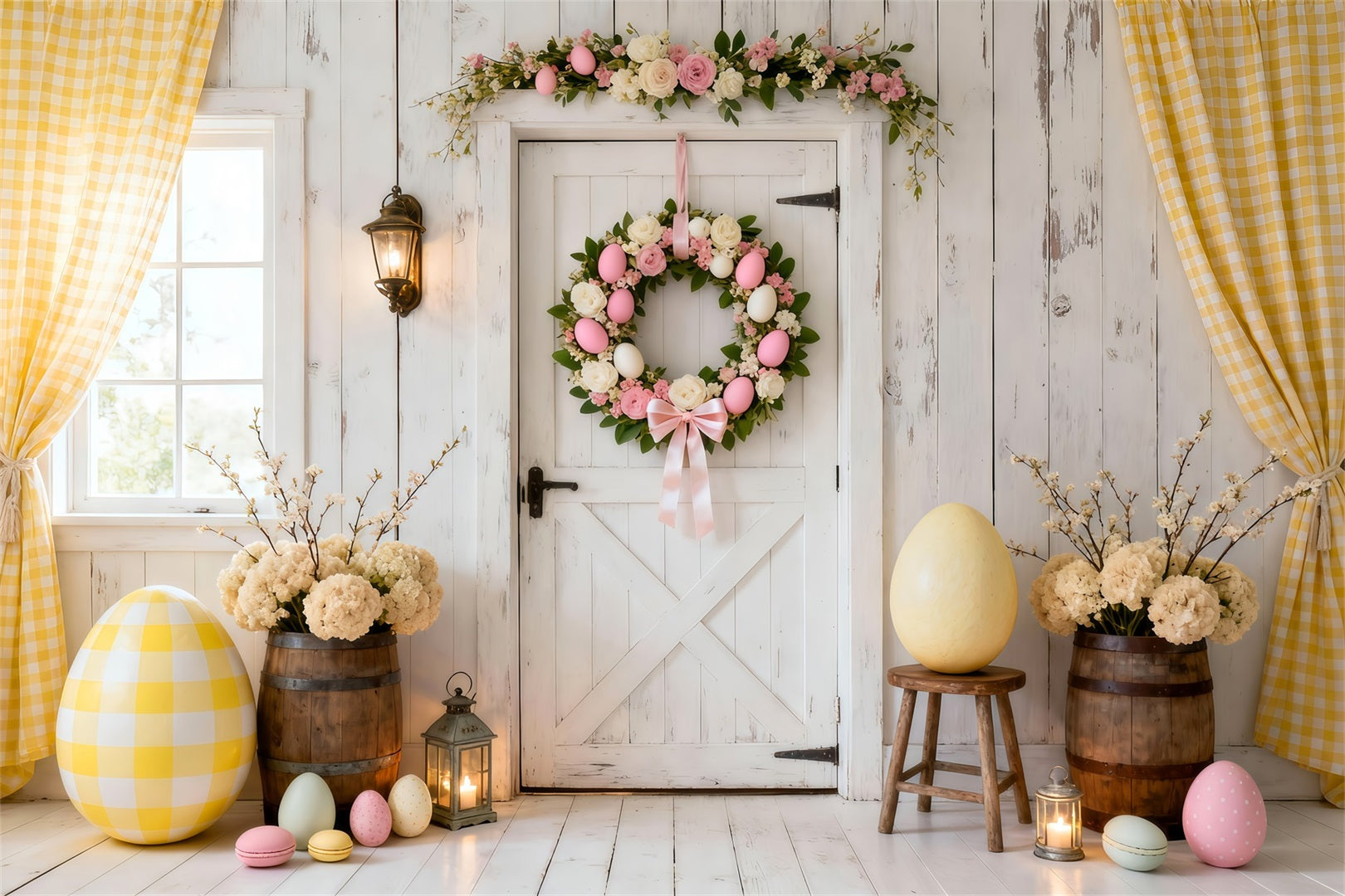 Easter Egg Backdrop White Door Wreath Yellow Curtain Easter Photoshoot Backdrop LXX61-112