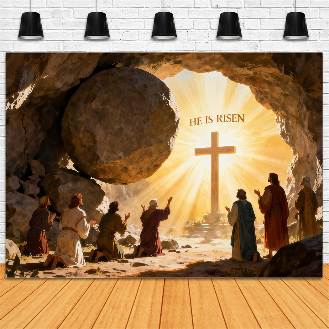 He Is Risen Backdrop Cross Christ Tomb Holy Light Easter Photo Backdrops LXX61-128