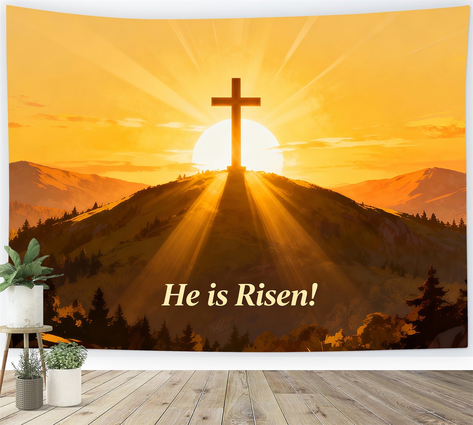 He Is Risen Backdrop Cross Hill Sunrise Glow Easter Picture Backdrop Ideas LXX61-140