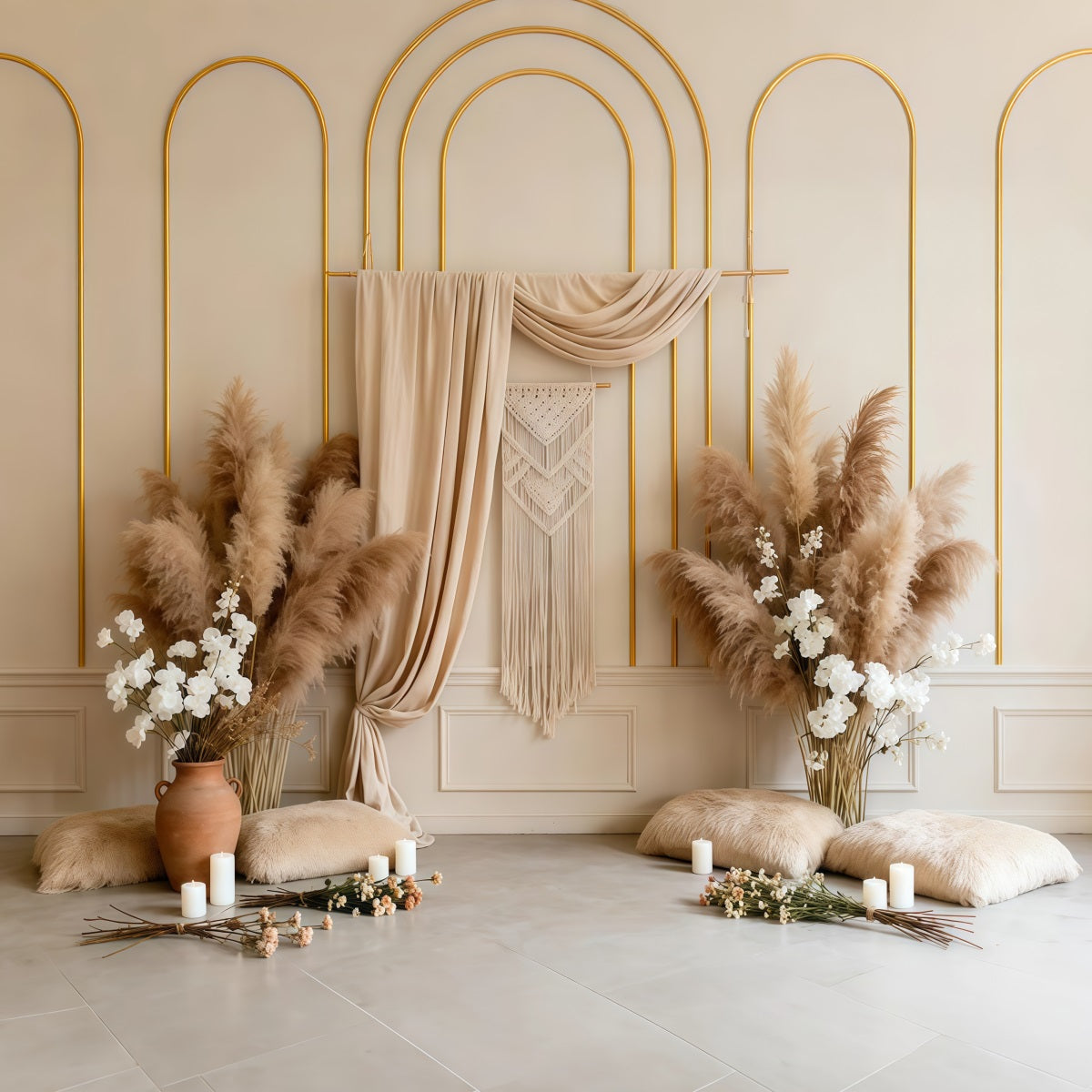 Pampas Grass Backdrop Boho Macrame White Flower Spring Backdrops For Photography LXX61-157