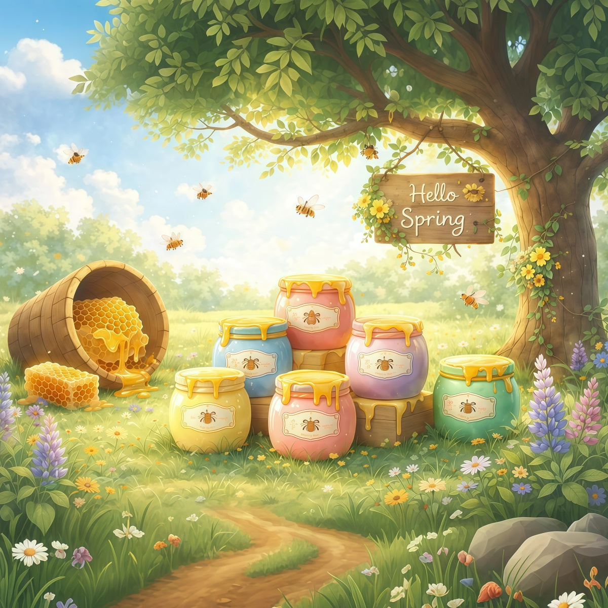 Bee Backdrop Honey Jar Garden Illustration Backdrop Spring LXX61-165