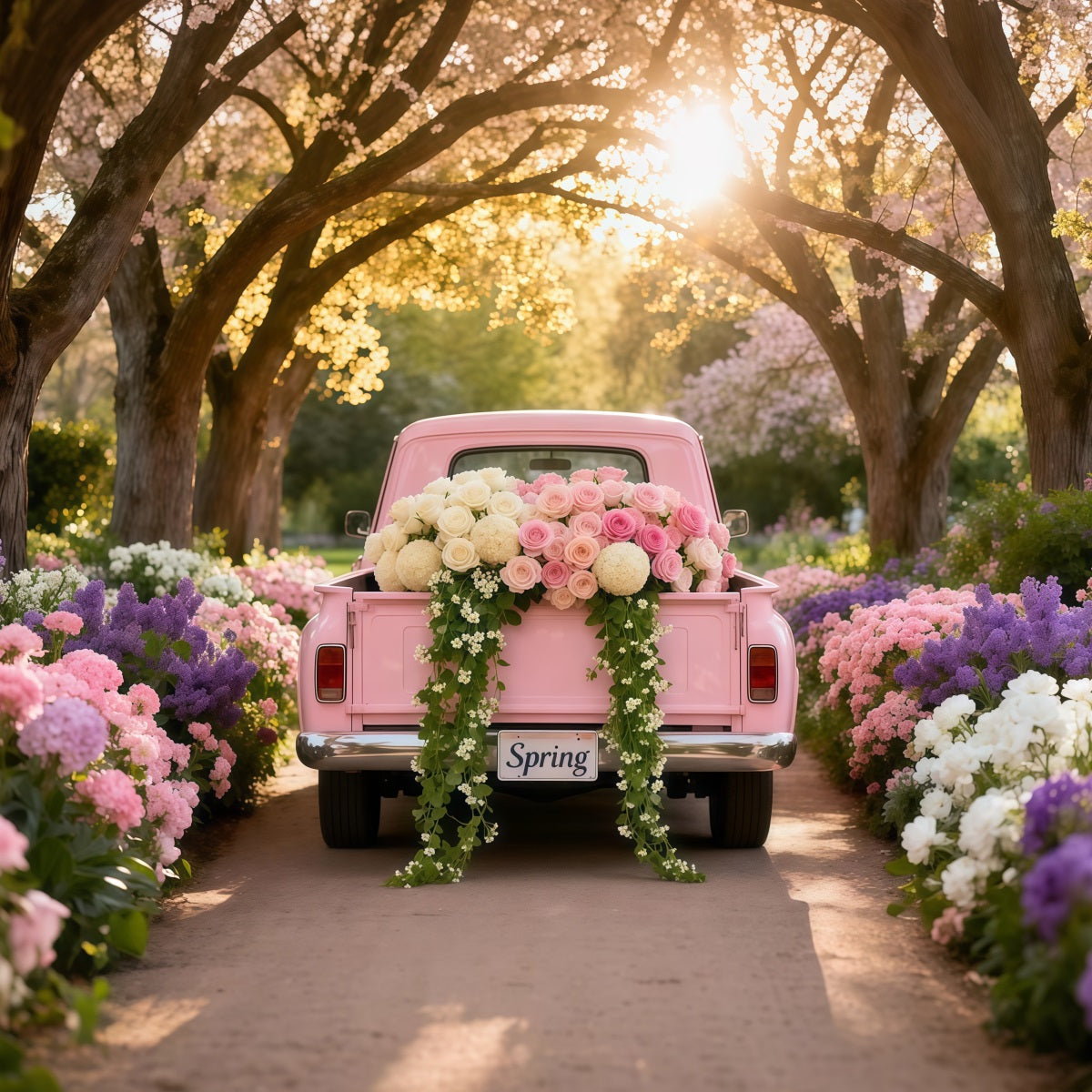 Garden Backdrop Ideas Blossom Tunnel Pink Vintage Truck Photo Backdrop Spring LXX61-170