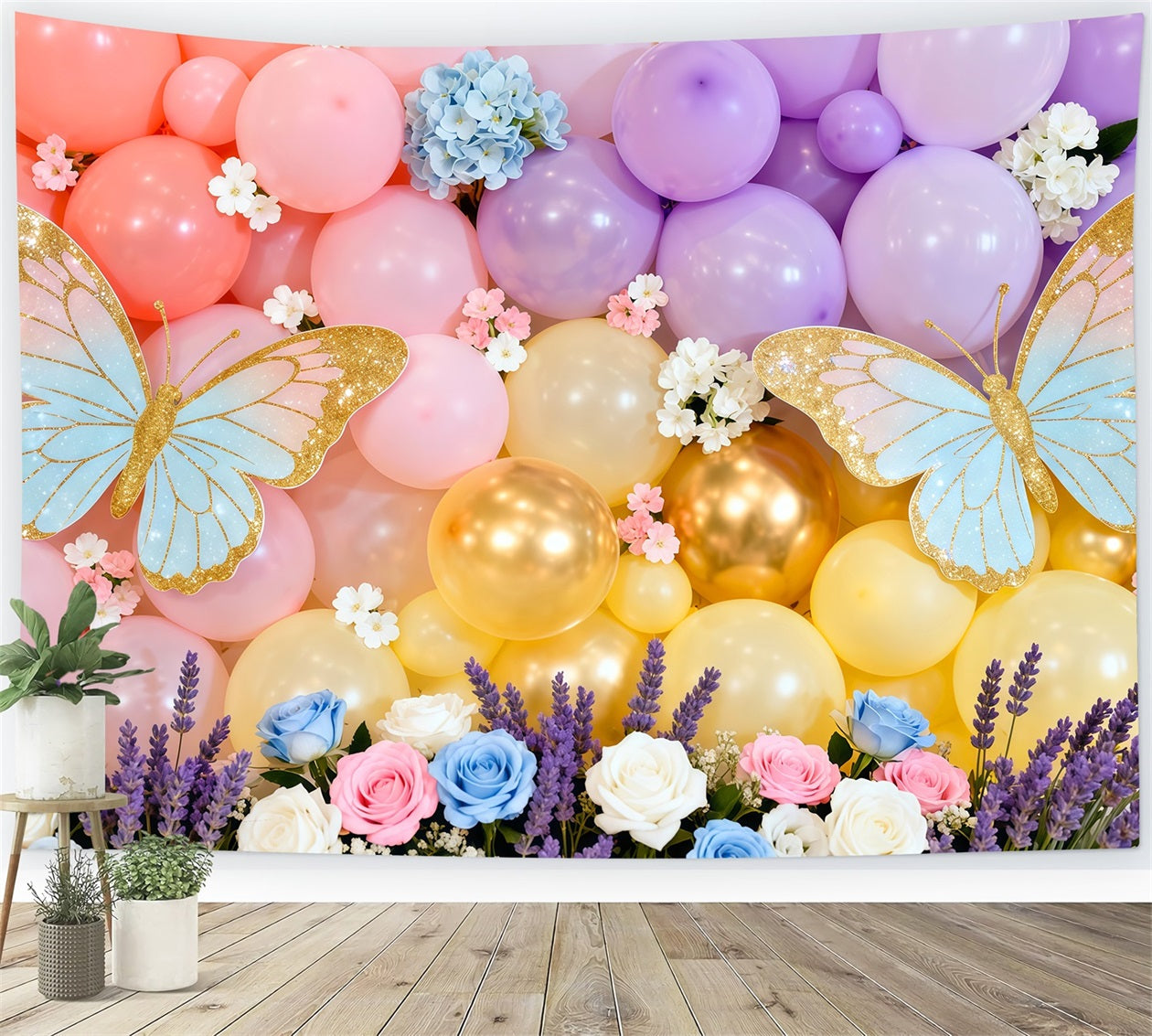 Butterfly Wing Backdrop Macaron Balloon Wall Floral Spring Theme Backdrop LXX61-172