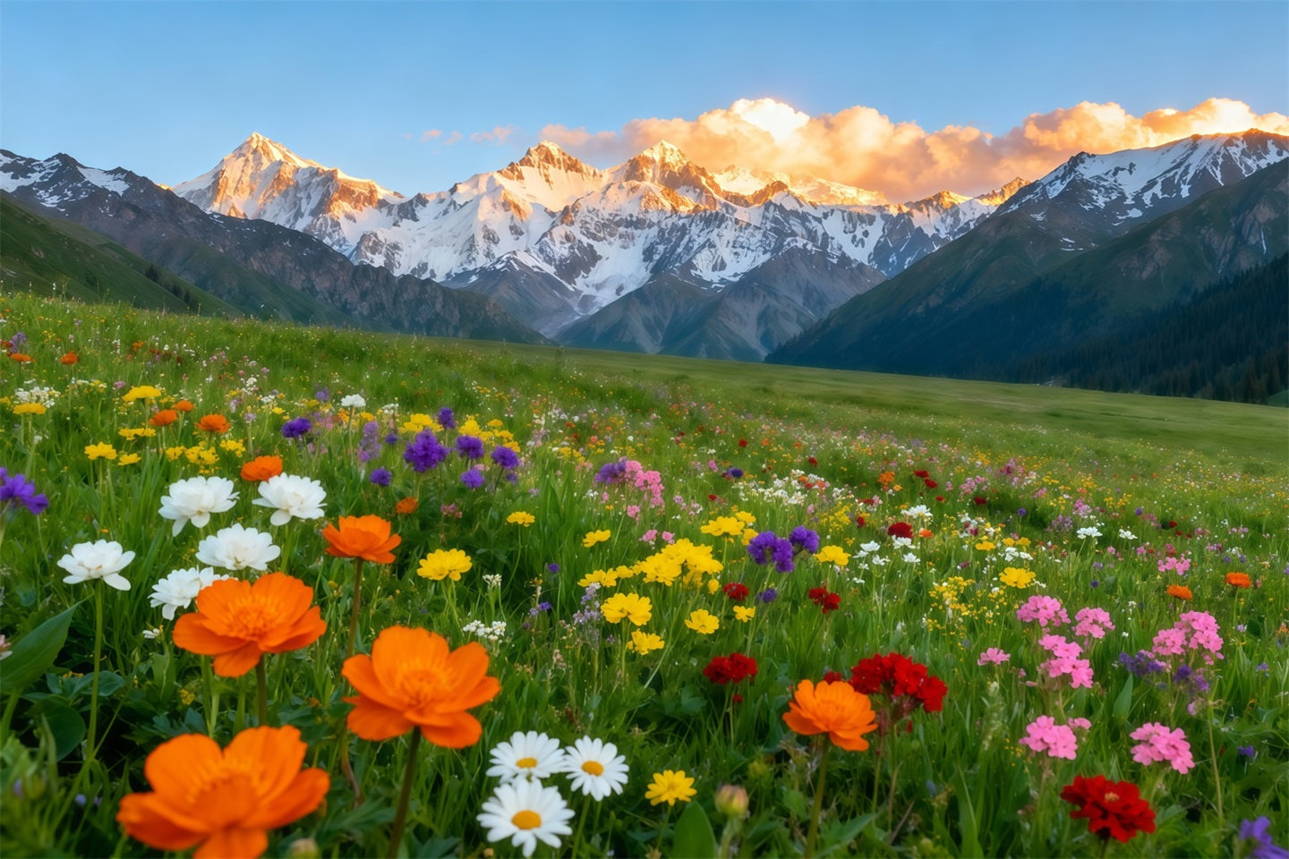 Wildflower Backdrop Alpine Mountain Valley Flower Field Floral Photo Backdrop LXX61-178
