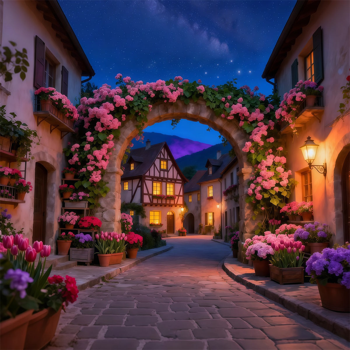 Enchanted Garden Photo Backdrop Twilight Village Flower Arch Floral Fabric Backdrop LXX61-210