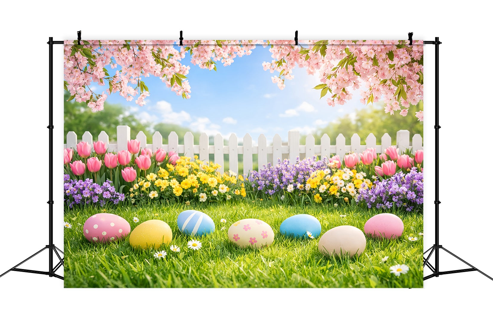 Easter Egg Backdrop Cherry Blossom Garden Lawn Photography Backdrops Easter LXX61-35