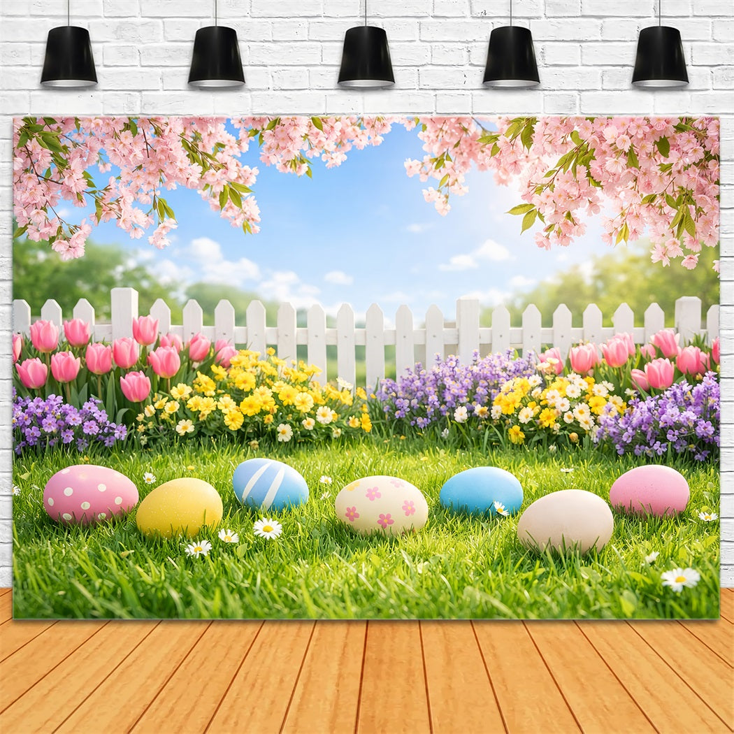 Easter Egg Backdrop Cherry Blossom Garden Lawn Photography Backdrops Easter LXX61-35