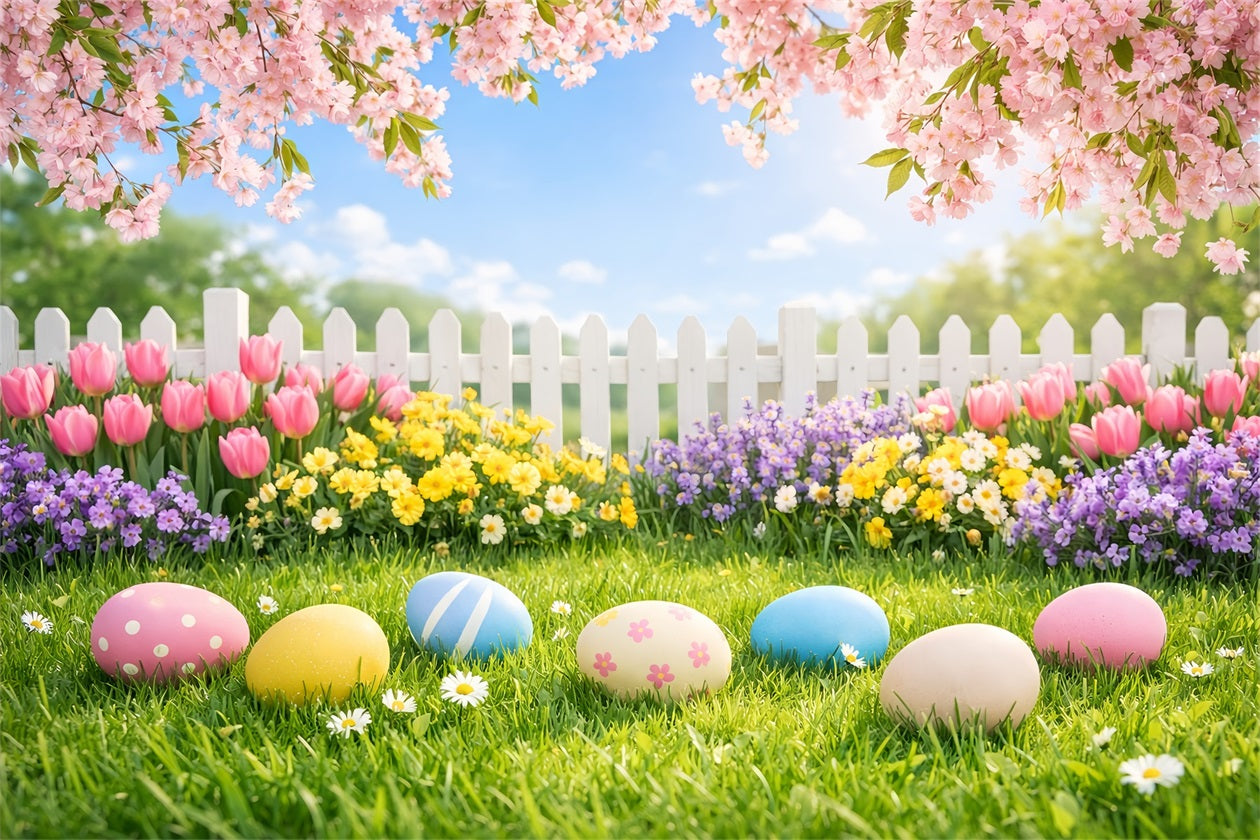 Easter Egg Backdrop Cherry Blossom Garden Lawn Photography Backdrops Easter LXX61-35