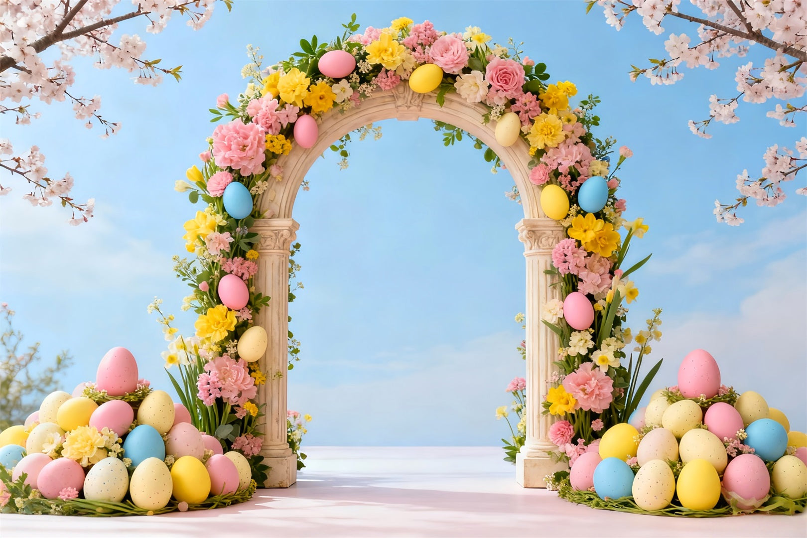 Easter Egg Backdrop Spring Cherry Floral Archway Photography Backdrops Easter LXX61-36