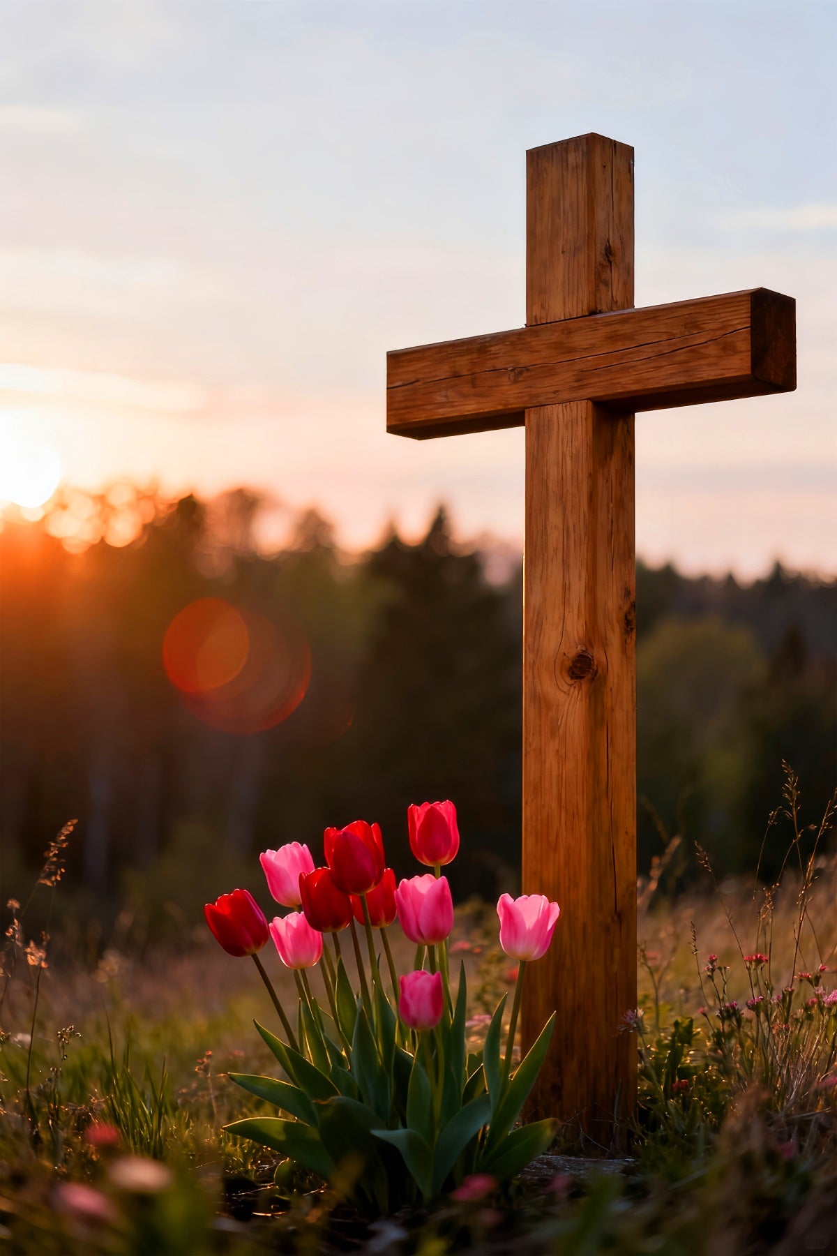 Christian Easter Backdrops Wooden Cross Tulip Meadow Outdoor Easter Photo Backdrops LXX61-43