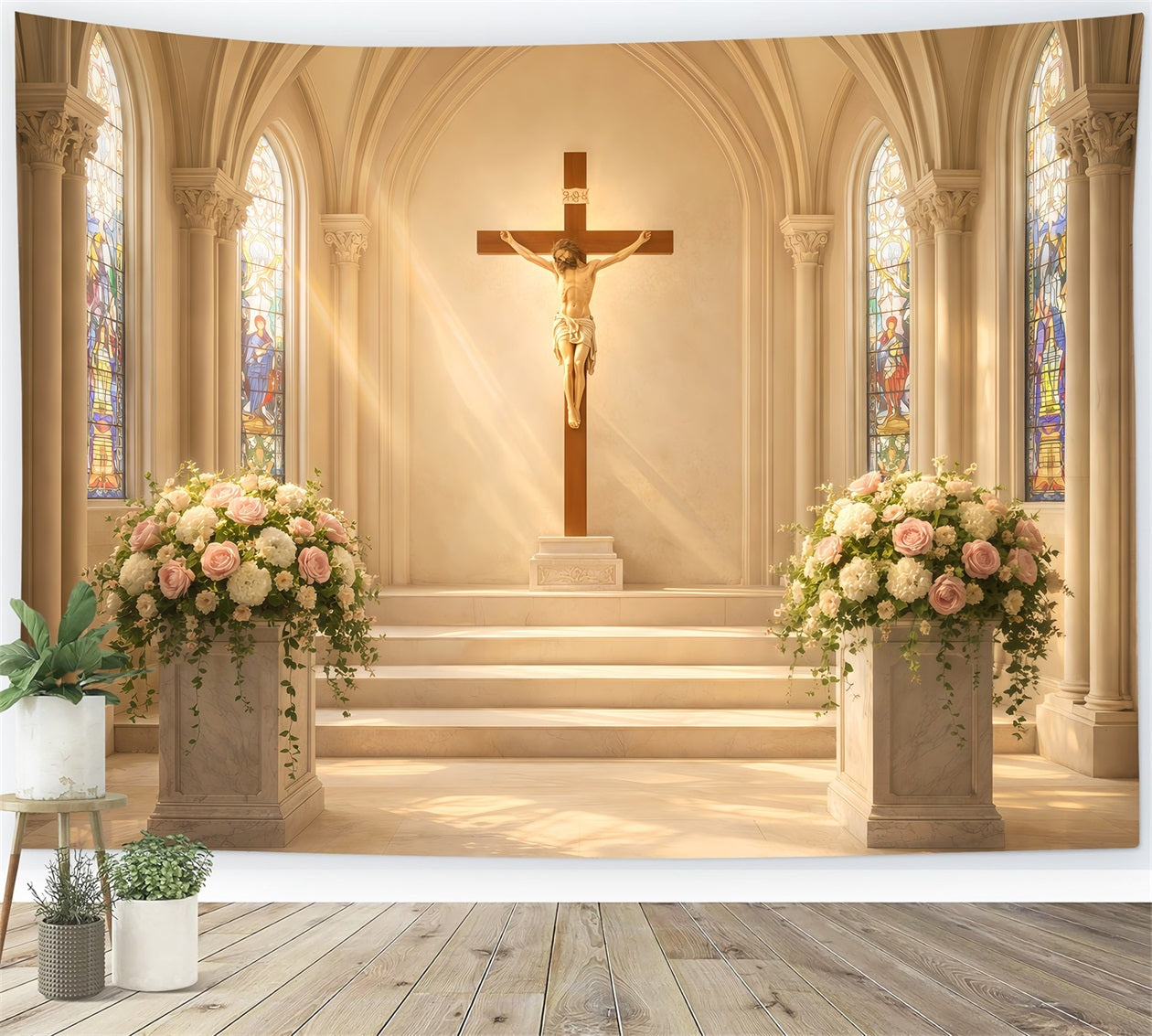 Church Easter Photo Backdrop Ideas Floral Crucifix Cathedral Light Backdrop Ideas For Easter LXX61-48
