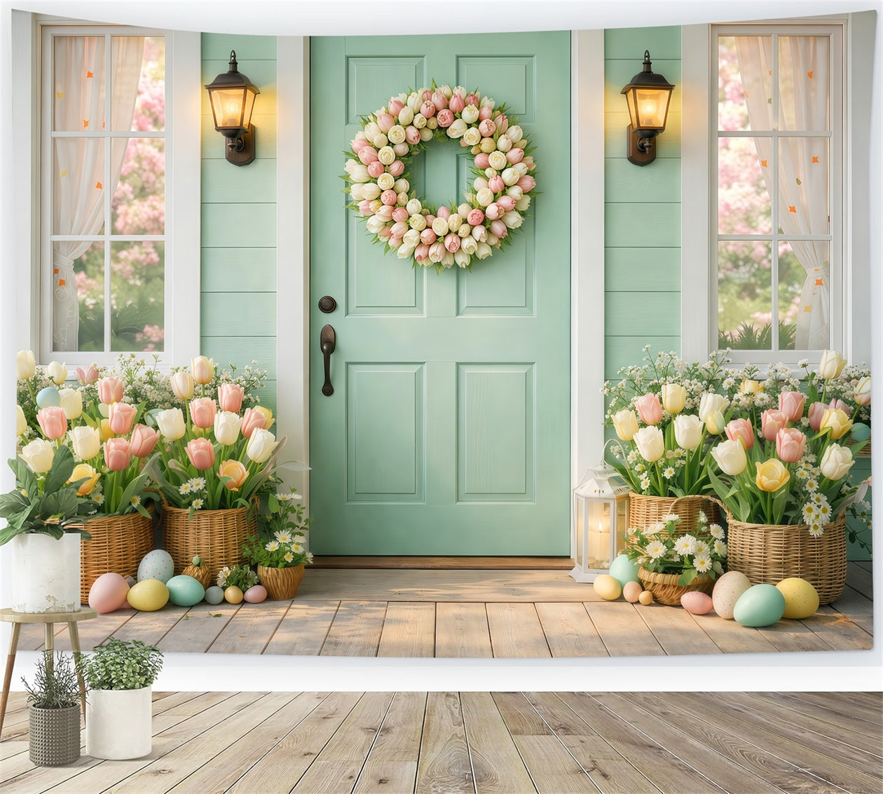 Easter Sunday Backdrops Mint Door Tulip Wreath Porch Photography Easter Photo Backdrop LXX61-56