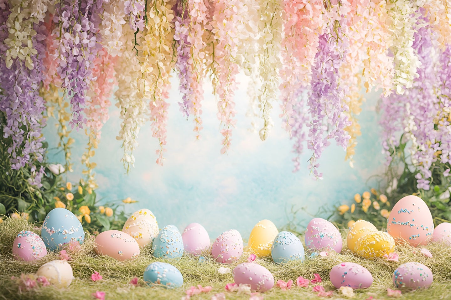 Easter Eggs Backdrop Hanging Wisteria Wildflower Meadow Easter Play Backdrops LXX61-66